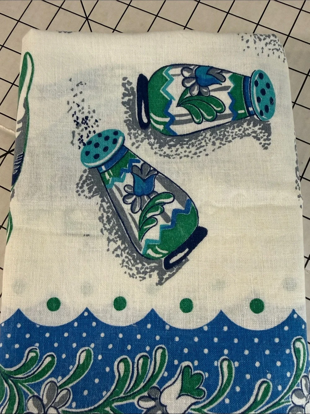 Vintage 1970s Handmade Blue Green Kitchen Tablecloth 42x36 Coffee Pot Sugar Bowl